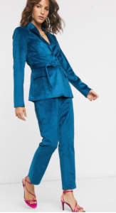 Tailored pants in Teal velvet fall trends 2020
