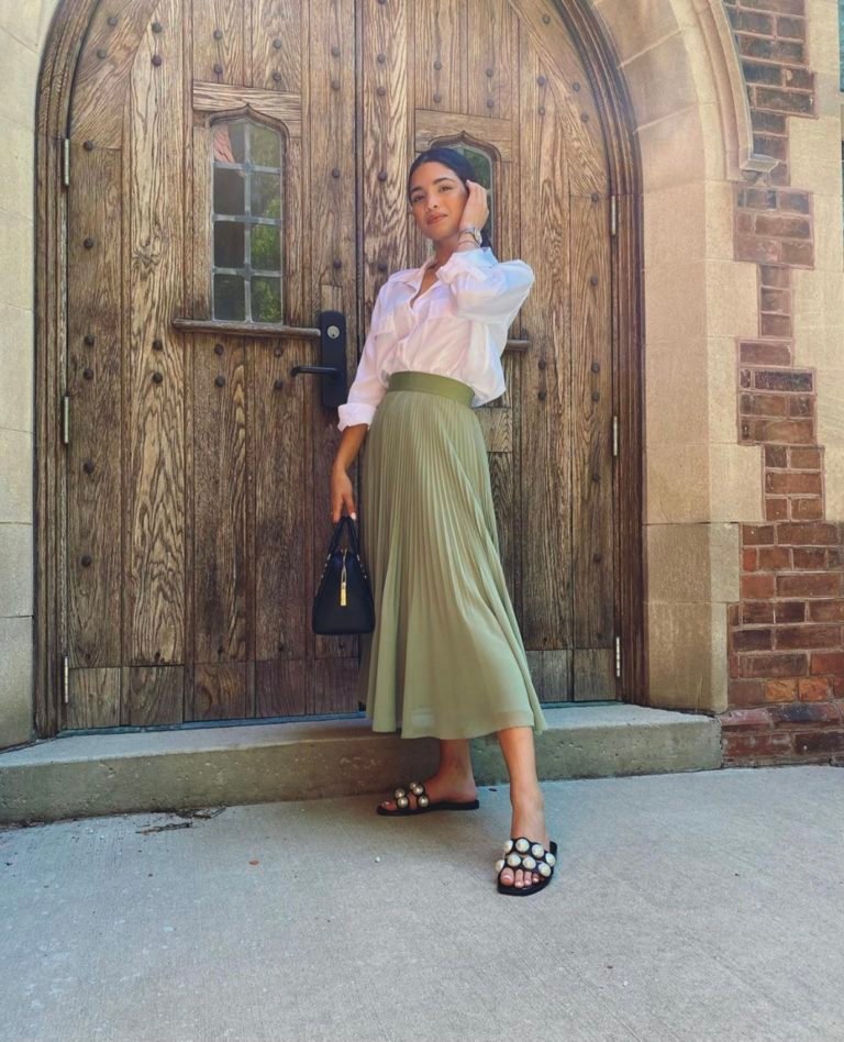 white blouse with green skirt
